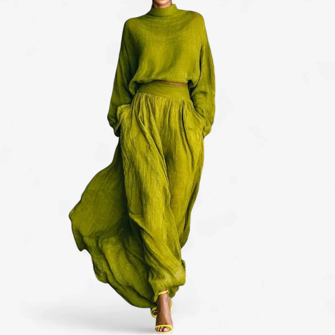 Women's lime green textured mock-neck top and maxi skirt two-piece set, elegant & stylish summer outfit.