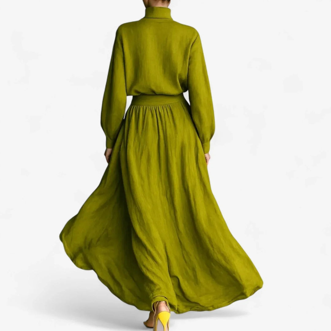 Textured lime green mock-neck top & flowy maxi skirt set for women, perfect day-to-night elegant fashion.