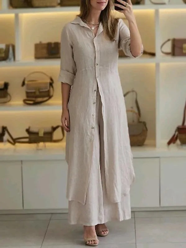 Women's linen blend button front longline co-ord set with wide leg trousers, perfect for summer casual wear.