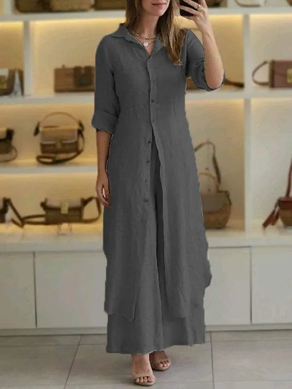 Soft linen blend women's two-piece co-ord set. Breathable loungewear with button front top & wide leg pants.