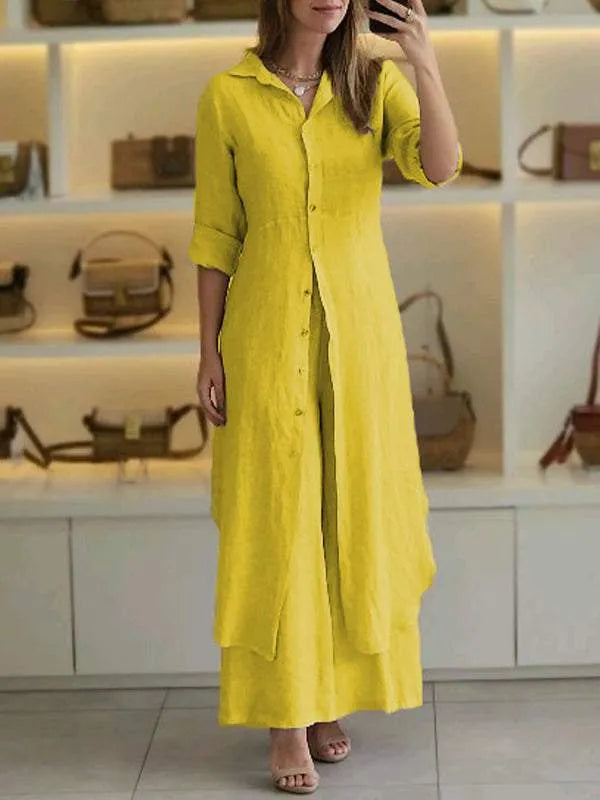 Elegant women's summer co-ord set: longline button front top & wide leg linen blend trousers for casual chic.