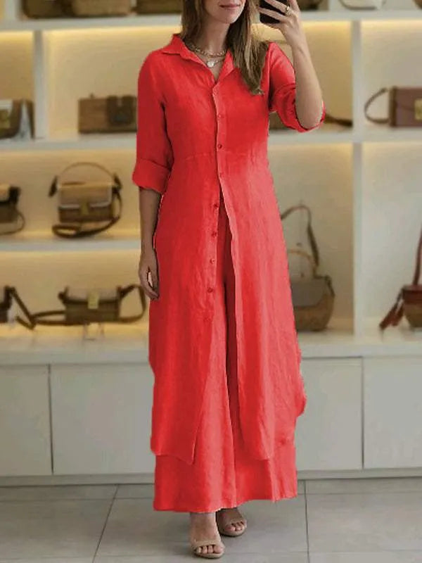 Woman models a stylish linen blend co-ord set featuring a button front longline top & comfortable wide leg pants.