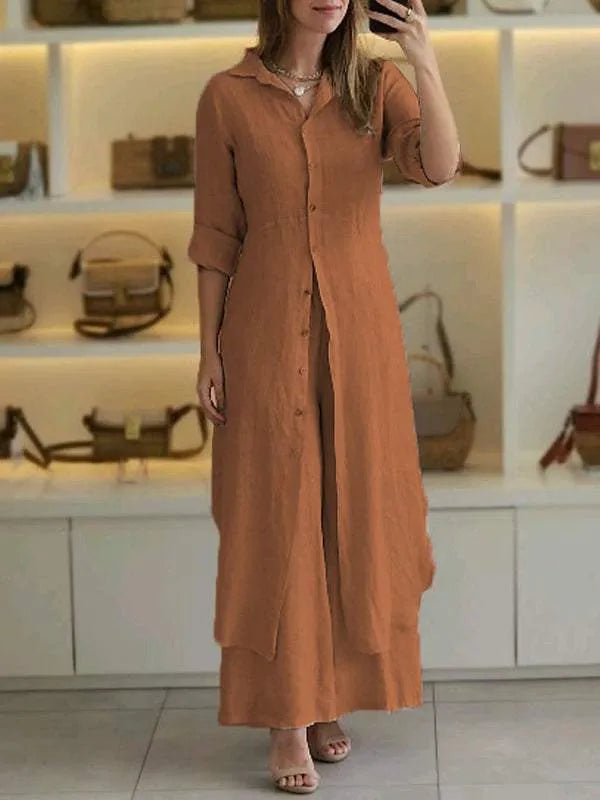 Detail of the women's longline button front linen blend top from the casual two-piece co-ord set.