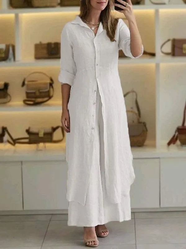 Comfortable wide leg linen blend trousers from the women's two-piece co-ord set, ideal for summer loungewear.