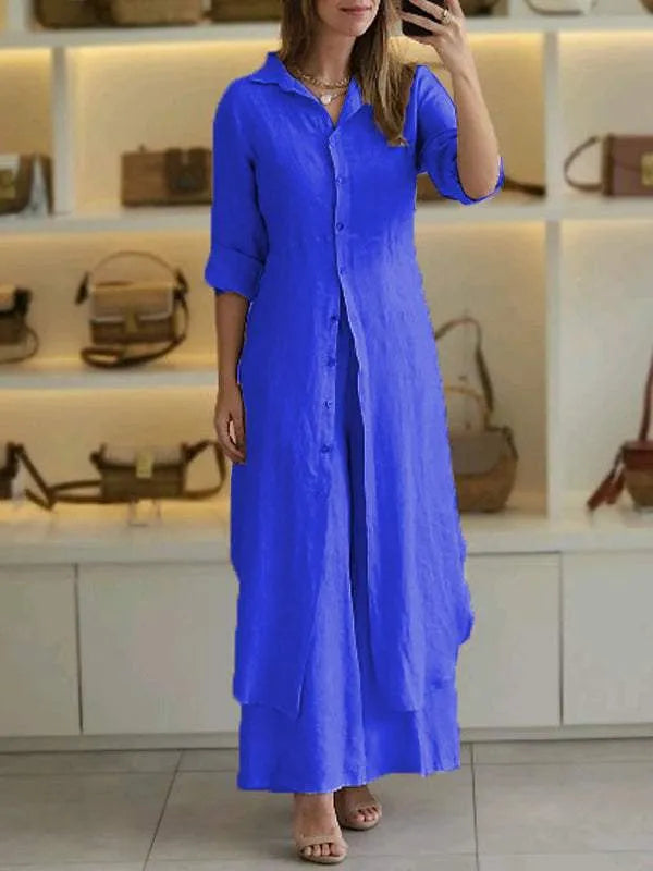 Versatile women's linen blend co-ord set: elegant button front longline top & wide leg trousers for summer comfort.