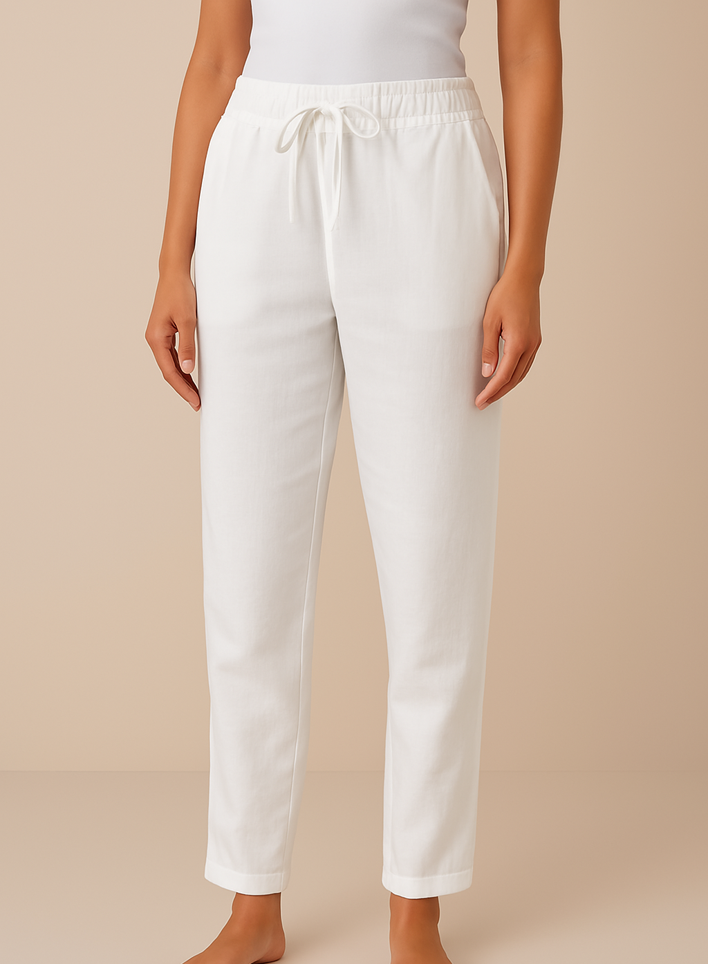 Women's linen-blend straight-leg trousers in beige, offering effortless elegance & comfort for versatile summer wear.