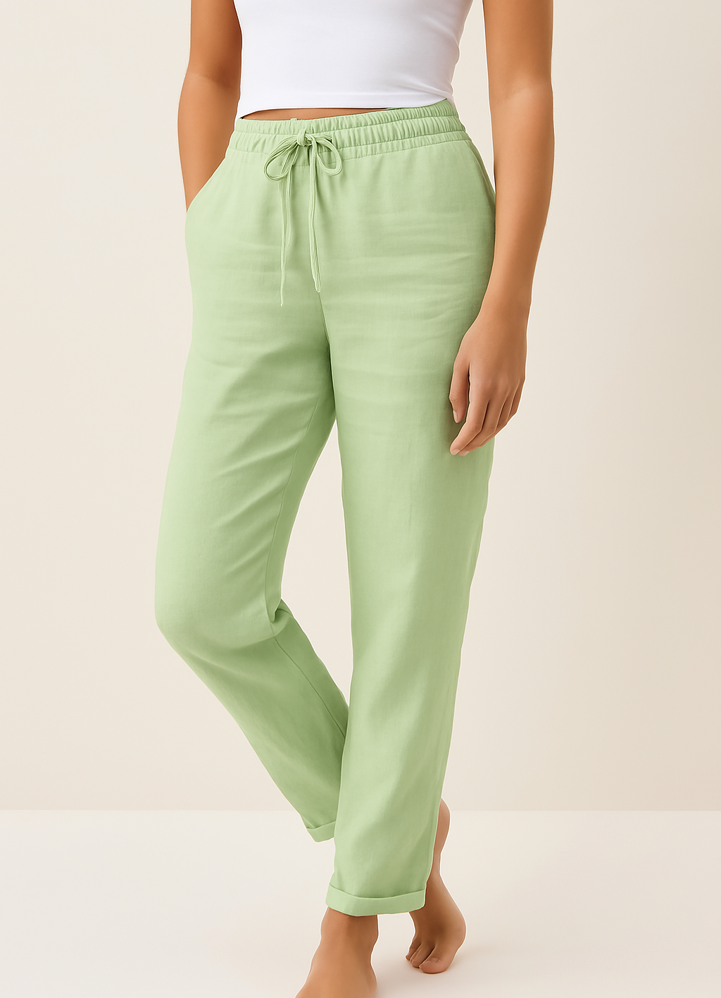 Comfortable women's blue linen-blend casual pants, perfect for summer fashion & versatile everyday wear.