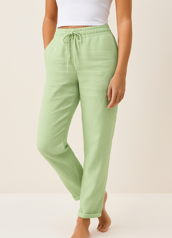 Comfortable women's blue linen-blend casual pants, perfect for summer fashion & versatile everyday wear.