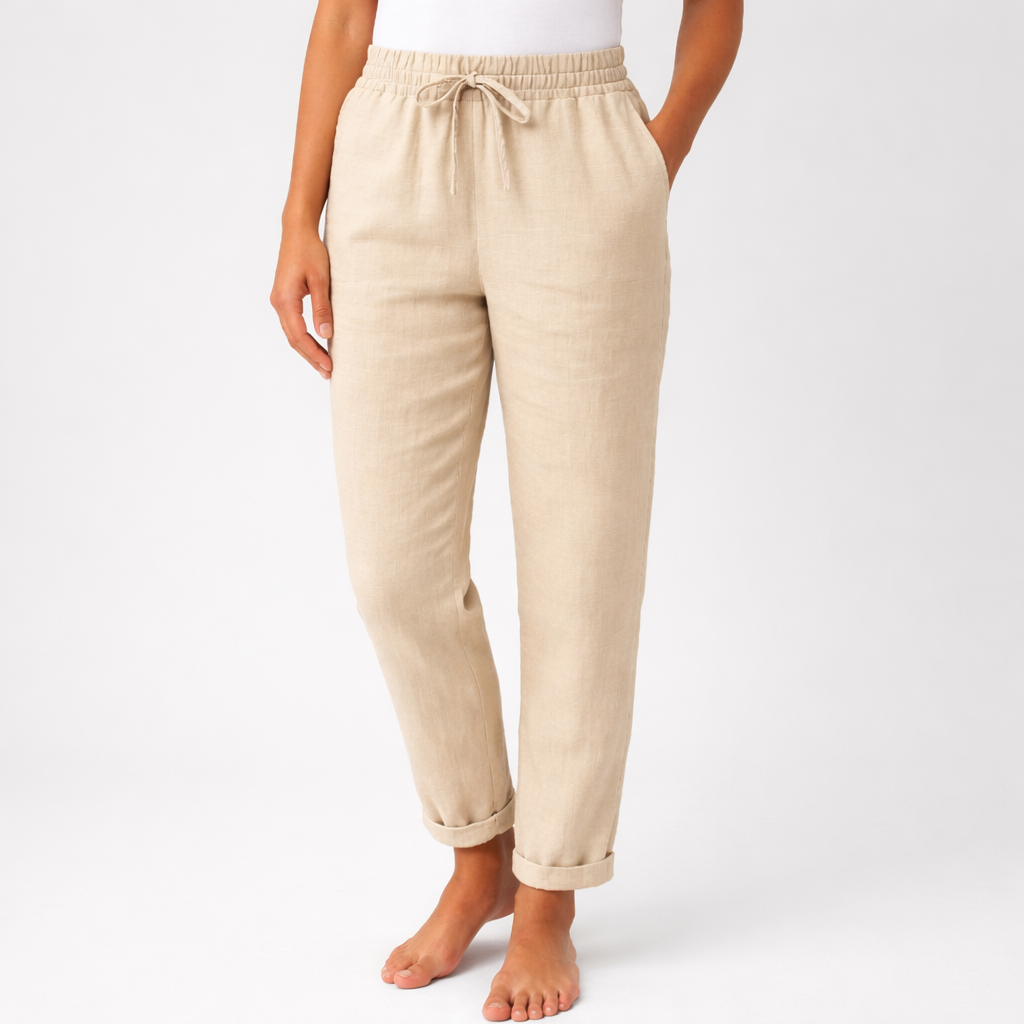 Elegant women's white linen-blend straight-leg trousers, ideal for stylish summer outfits & comfortable fashion.