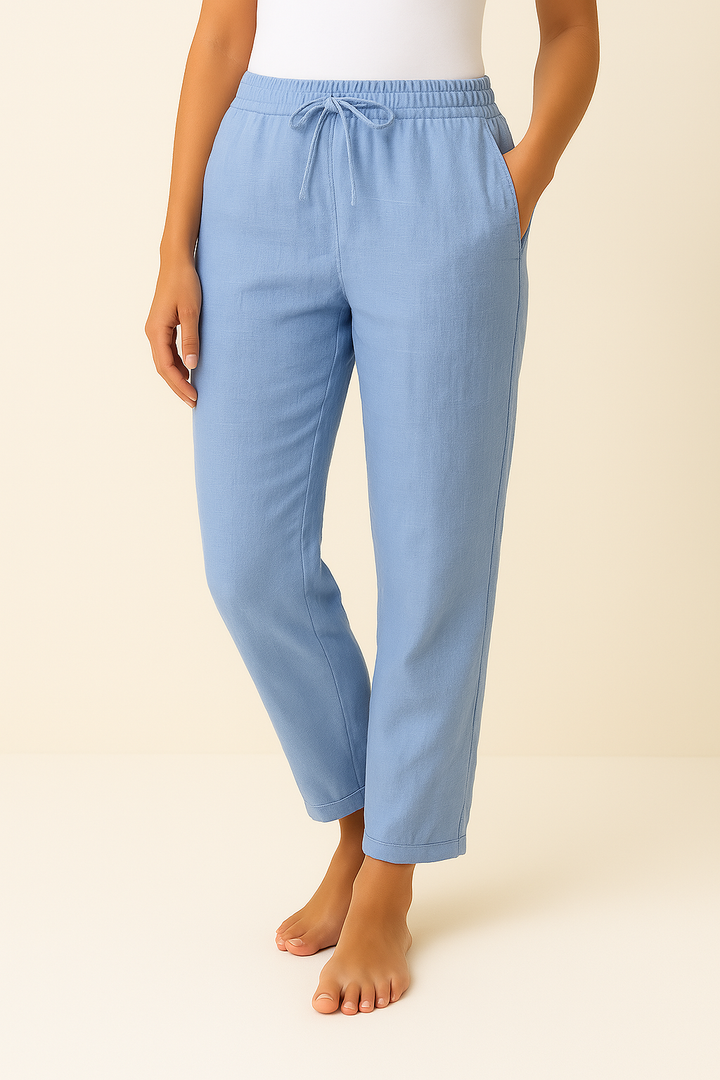 Versatile women's green linen-blend trousers, designed for ultimate comfort and elegant casual summer wear.