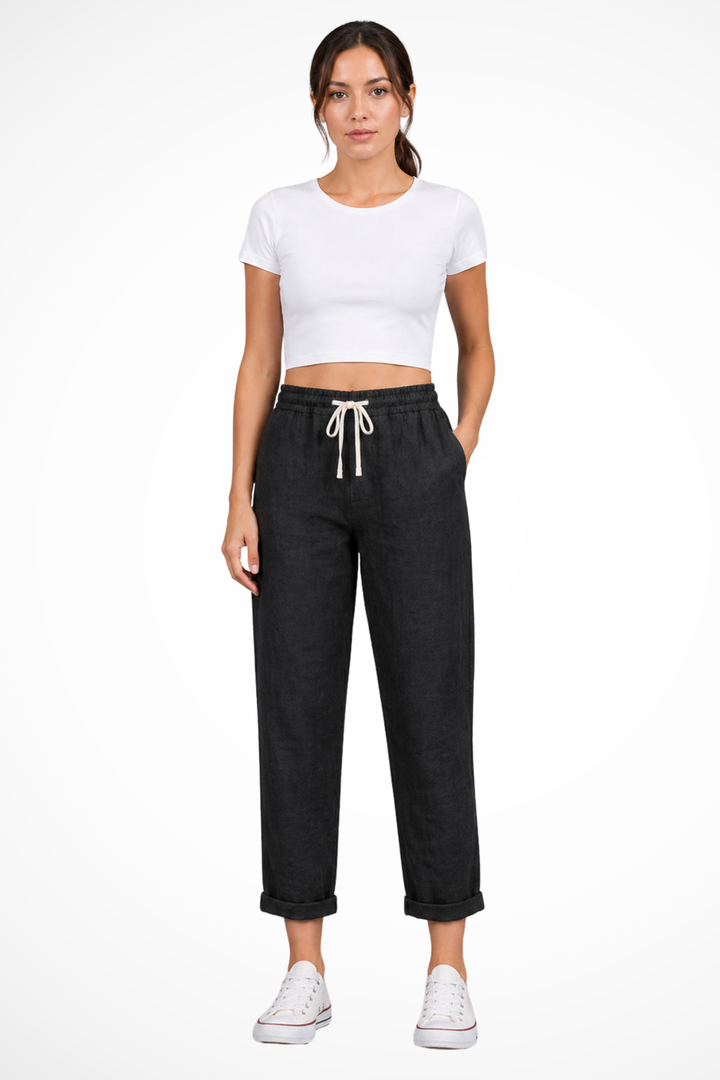 Lightweight and breathable women's linen cropped trousers, complete with a practical drawstring for comfort.
