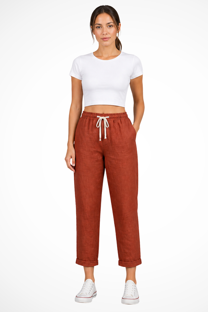 Versatile women's cropped linen trousers, easy to style with a functional drawstring waist for everyday wear.
