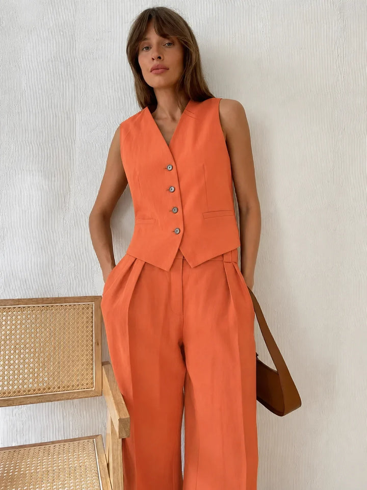 Comfortable women's linen V-neck vest & wide-leg pants set. Breathable two-piece for summer fashion.