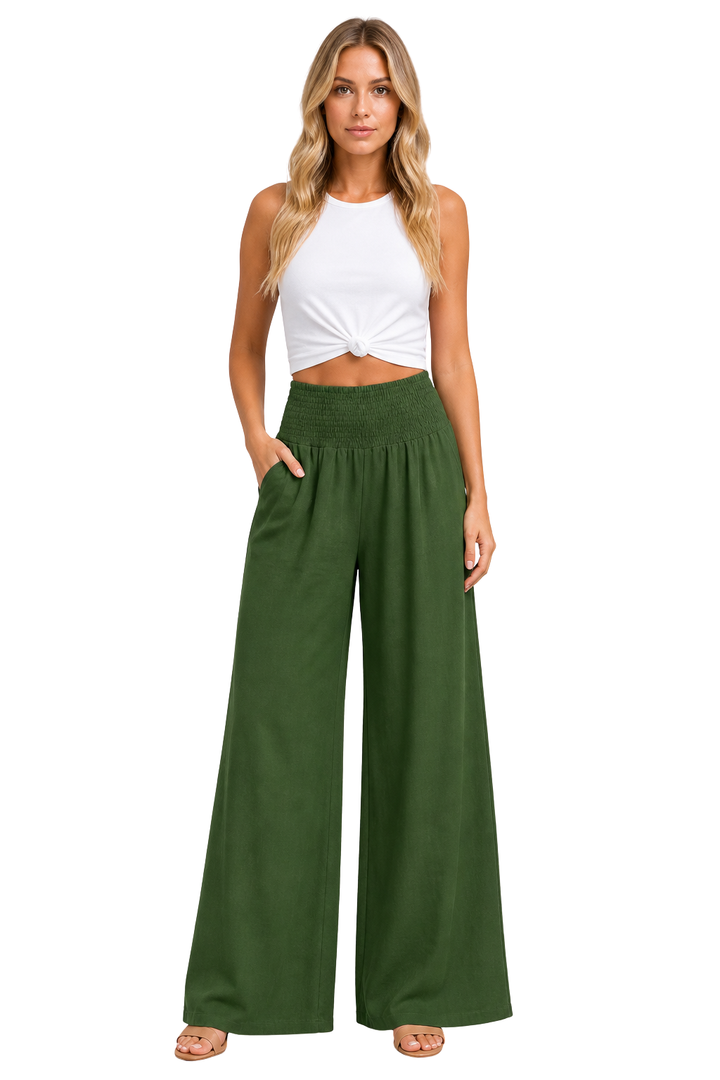 Elegant women's wide leg linen trousers, shirred elastic waist for comfort and a flattering fit.