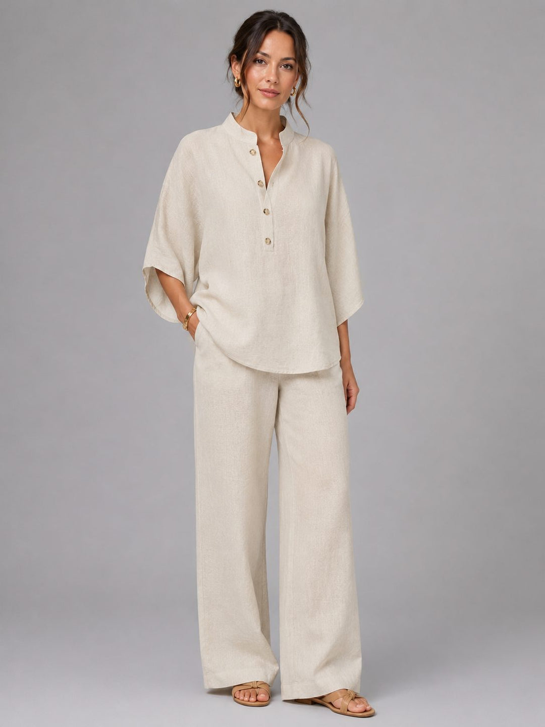 Women's linen wide leg two-piece set; relaxed fit button shirt & pants. Ideal for summer casual wear.