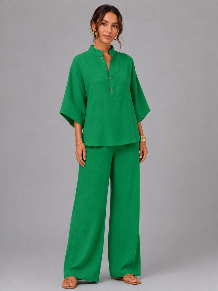 Relaxed fit linen wide leg pants and button shirt set for women. Casual and comfortable summer outfit.