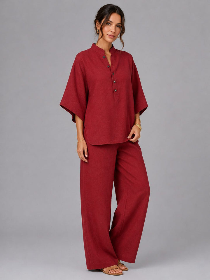 Summer fashion linen two-piece set for women, with comfortable wide leg pants and a relaxed button shirt.