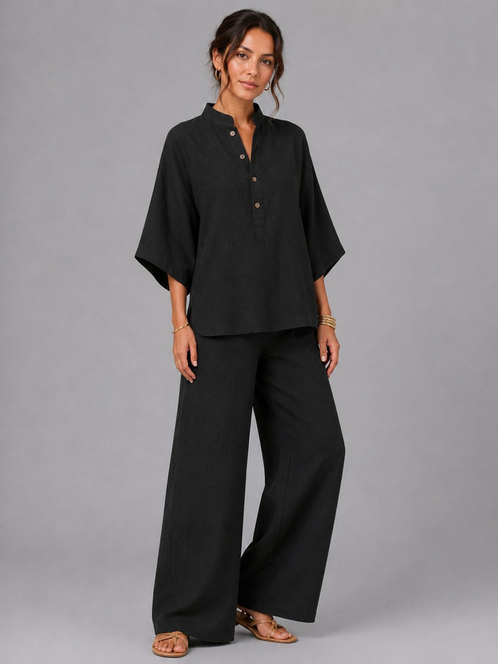Lightweight women's linen two-piece set with flowy wide leg pants and a breathable button-front top.