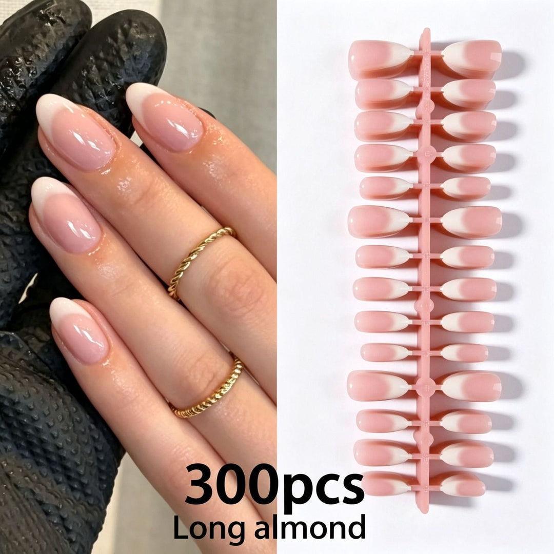 Reusable long almond press-on nails with a stylish French manicure design. Get a perfect look instantly.