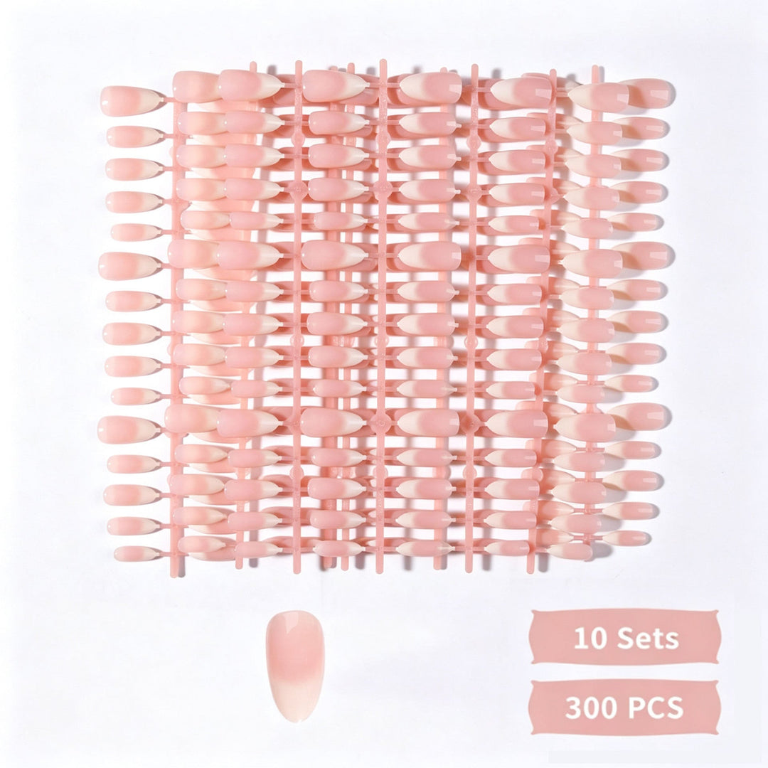 Chic women's almond press-on nails in classic French style. These artificial nails offer a quick glossy finish.