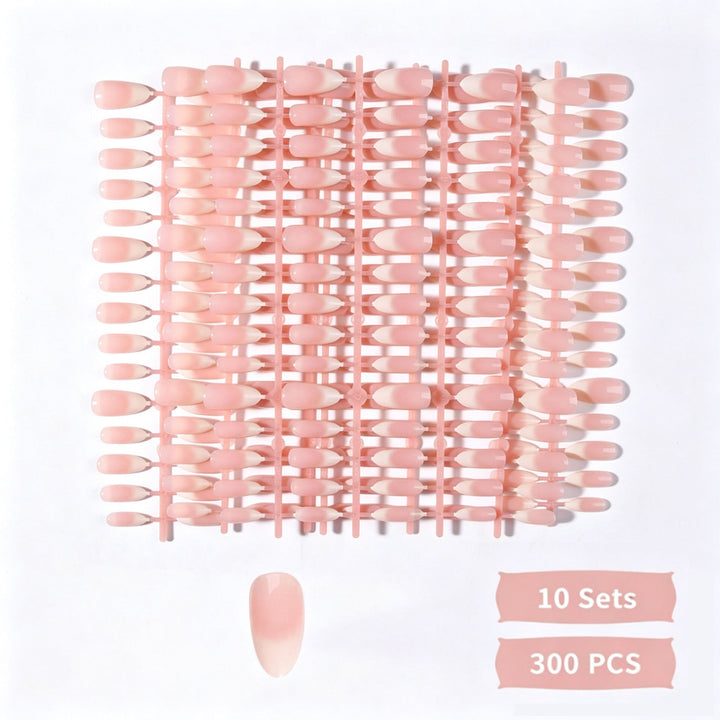 Chic women's almond press-on nails in classic French style. These artificial nails offer a quick glossy finish.
