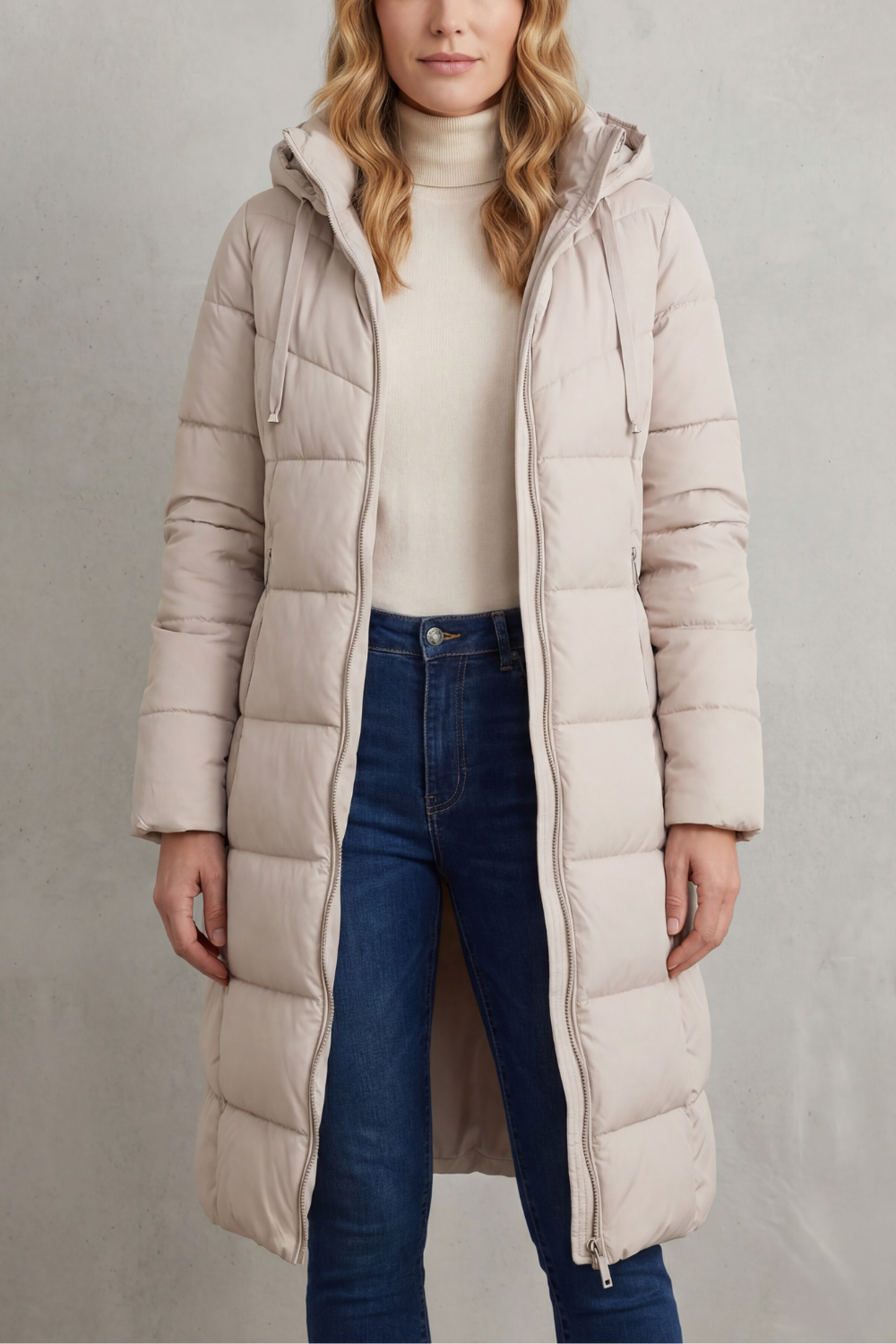 Women's long black quilted puffer coat, providing ultimate warmth & style for winter fashion.