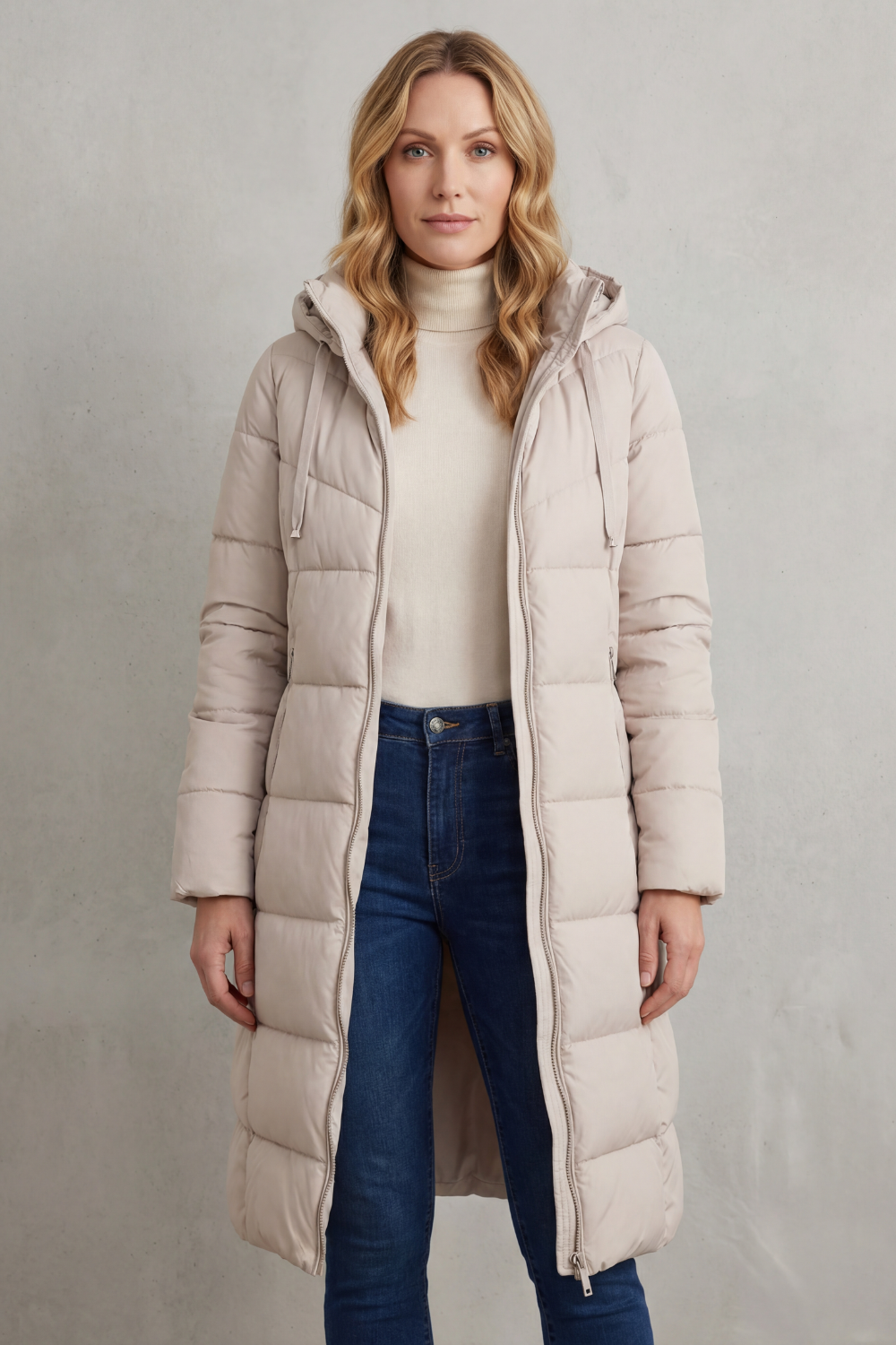 Stylish women's extended length quilted puffer coat in ivory, perfect for cozy winter outerwear.