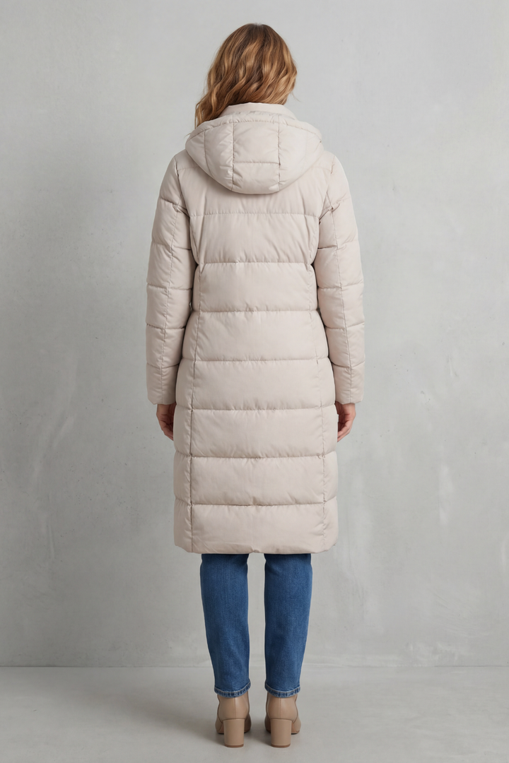 Red women's long quilted puffer jacket, a stylish & warm choice for winter fashion & outdoor wear.