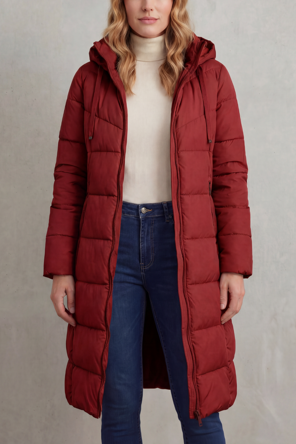 Cozy women's extended length quilted puffer coat in black, essential for warm winter style.