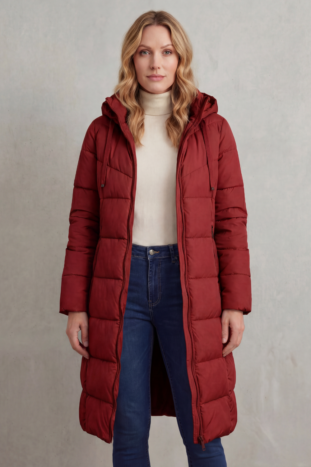Long women's ivory quilted puffer jacket, offering warmth & a chic design for cold weather.