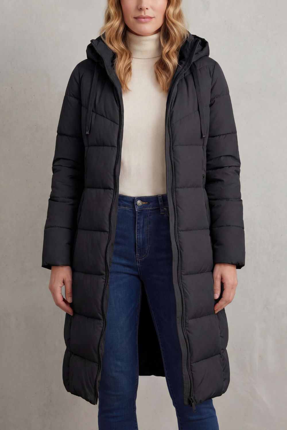 Warm black women's long quilted puffer outerwear, versatile & stylish for diverse winter conditions.