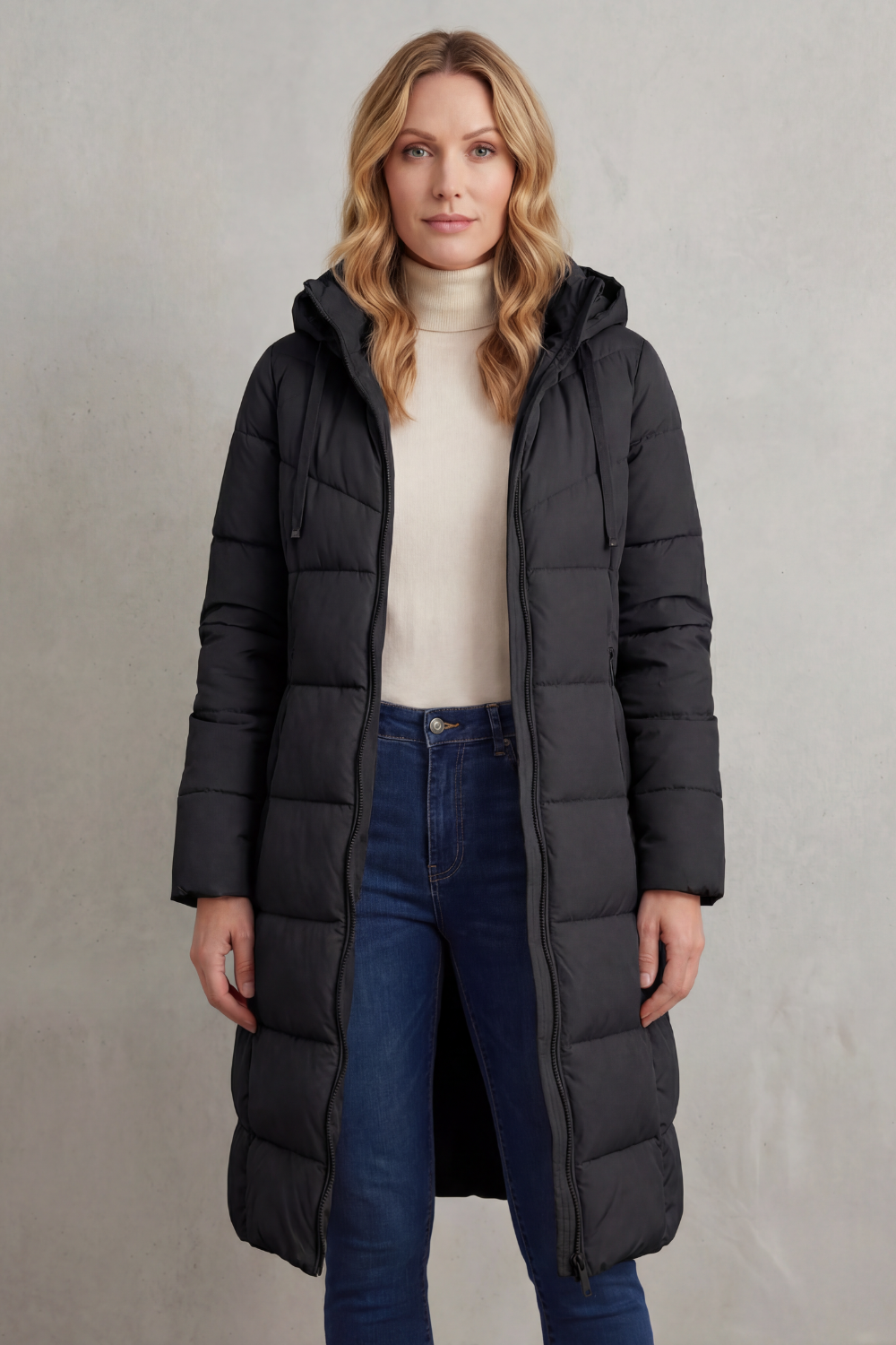 Fashionable ladies' long quilted puffer coat in red, a warm & flattering winter jacket.