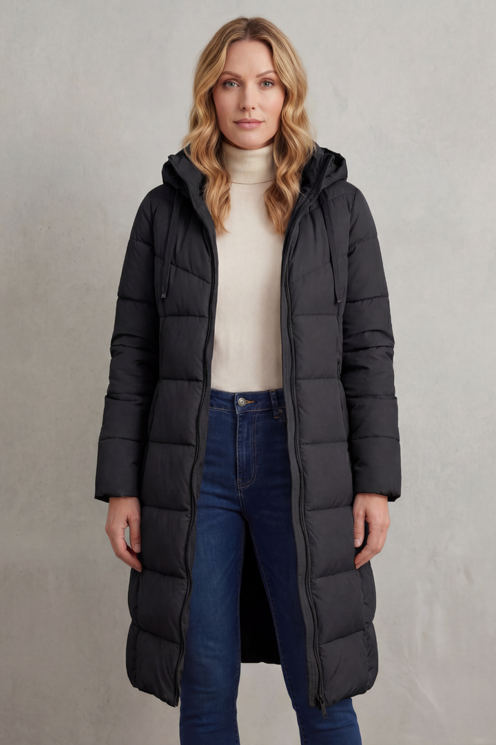 Fashionable ladies' long quilted puffer coat in red, a warm & flattering winter jacket.