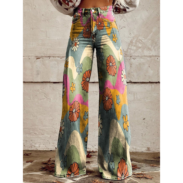 Durable women's long denim pants, highlighting both floral print and solid color fabric options.