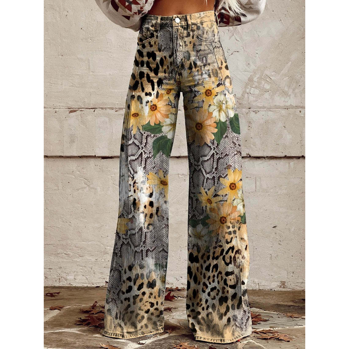 Relaxed fit women's long denim pants with a chic floral print, ideal for comfort and fashion.