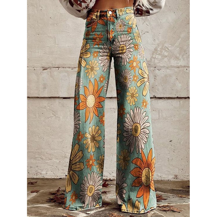 Versatile women's floral print long denim pants, great for stylish casual outfits and comfort.