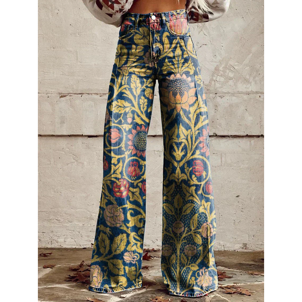 Fashionable women's long denim pants with an eye-catching floral pattern. Trendy & comfortable.