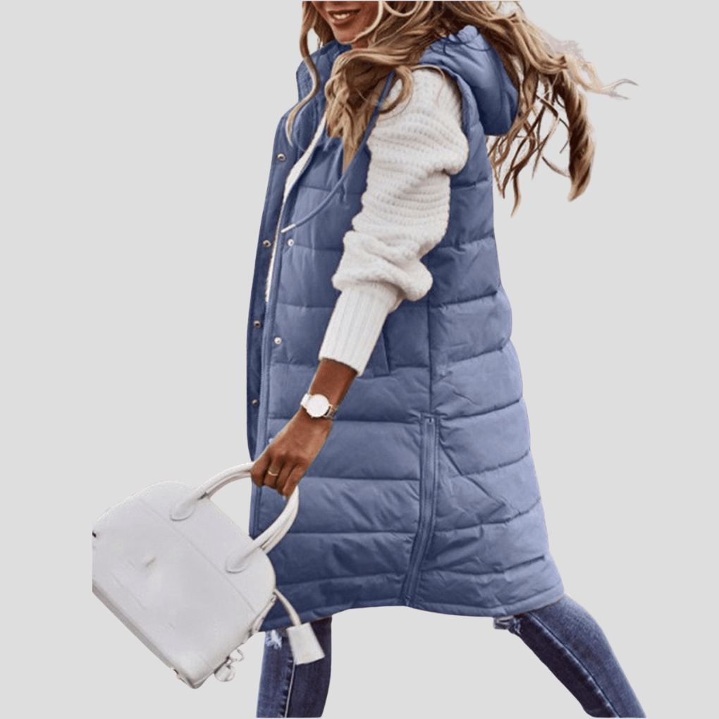 Women's long hooded bodywarmer, padded for warmth, perfect fall & winter layering vest.