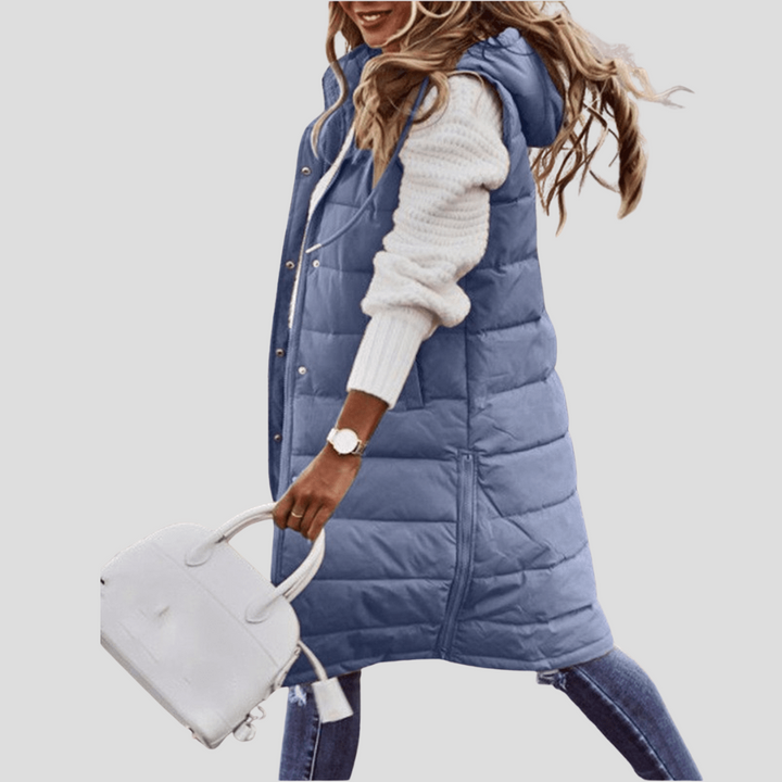 Women's long hooded bodywarmer, padded for warmth, perfect fall & winter layering vest.