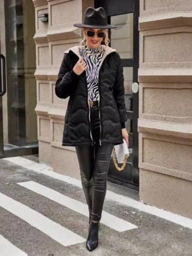 Women's long hooded slim fit fleece lined jacket for winter. Warm & stylish everyday casual outerwear.