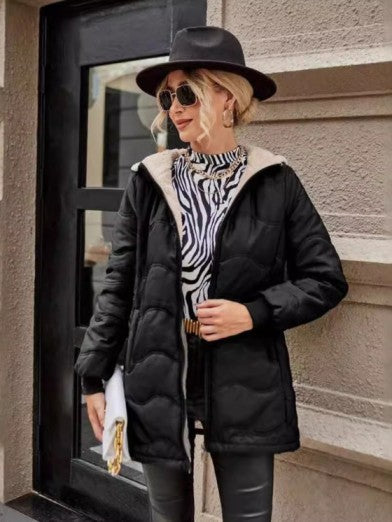 Warm women's long hooded winter jacket. Slim fit fleece lined outerwear, perfect for stylish & comfortable everyday wear.