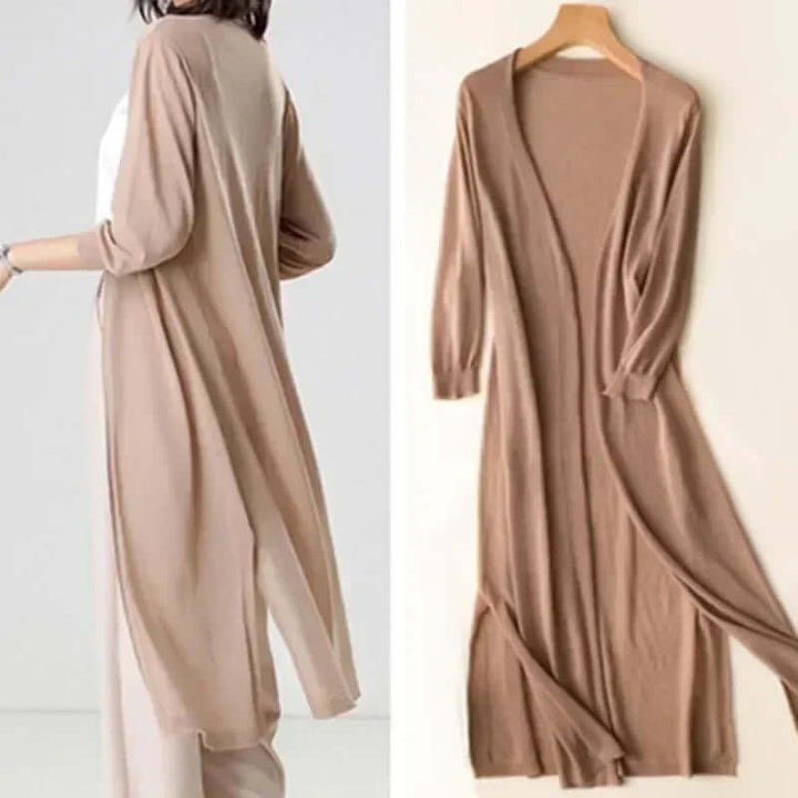 Women's long open front cardigan sweater for fall layering, a cozy and elegant knit.