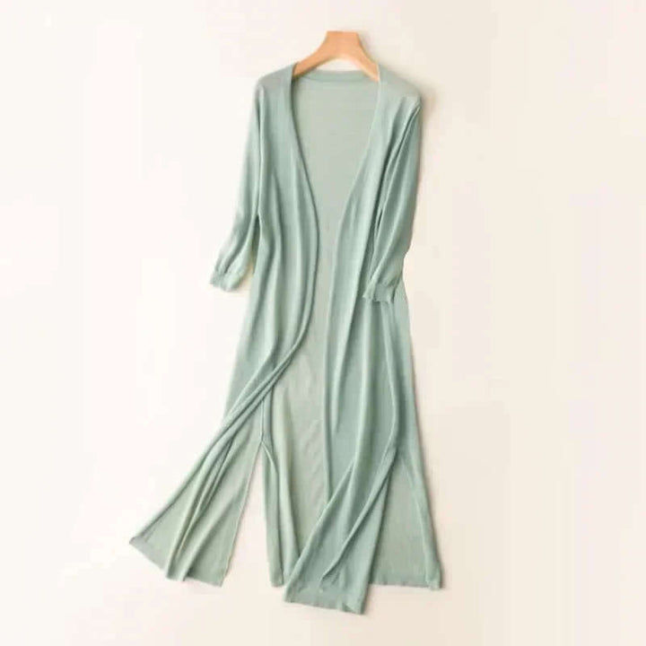 Classic women's long cardigan sweater, a stylish and versatile knit for fall outfits.