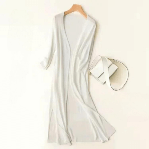 Women's long knit cardigan sweater with open front, ideal for elegant fall layering and casual wear.