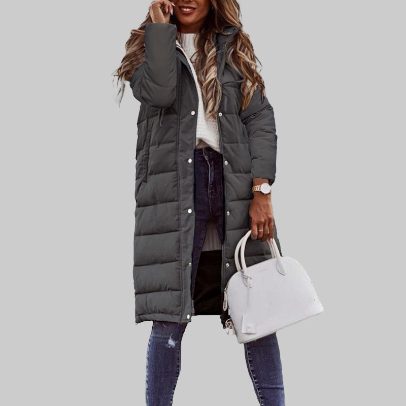 Women's insulated quilted long hooded jacket. Perfect warm winter coat for extreme cold weather, stylish & functional.
