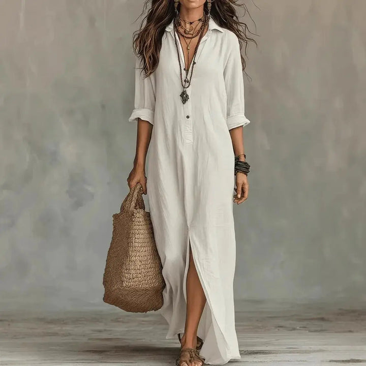 Women's long sleeve button down maxi shirt dress in comfortable linen for versatile casual or elegant wear.