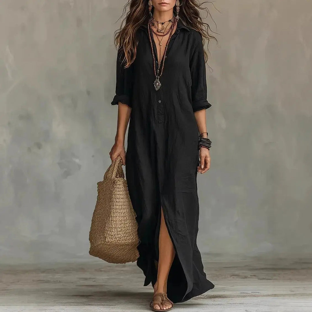 Elegant women's linen long sleeve button down maxi shirt dress, perfect for spring & summer fashion.