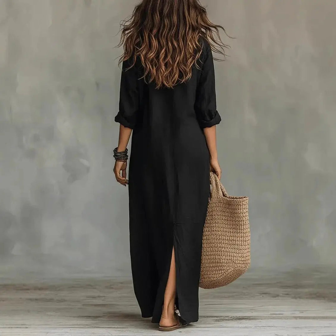 Versatile women's long sleeve linen button down maxi dress, suitable for casual outings or elegant events.