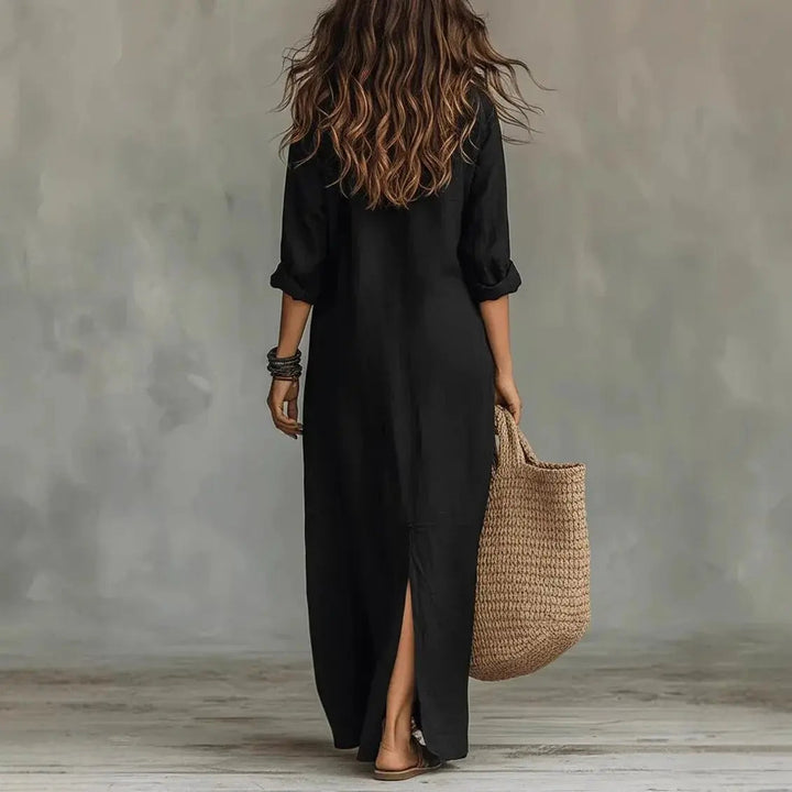 Versatile women's long sleeve linen button down maxi dress, suitable for casual outings or elegant events.