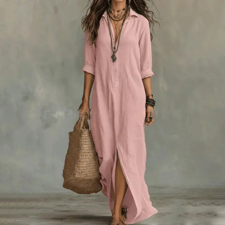 Comfortable & modest women's linen long sleeve button down maxi shirt dress, ideal for spring & summer wear.